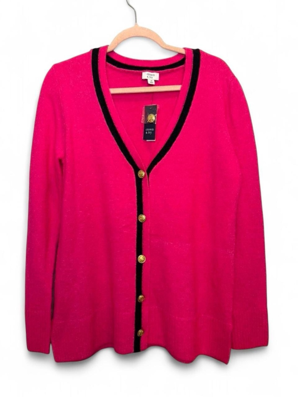 NWT Crown & Ivy Hot Pink Cardigan V Neck Black Trim Sweater Size M Barbiecore